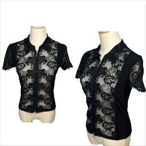 Sagaie Paris Black Guipure Lace Zip Top Blouse Sz S Fitted Sheer Dark Romantic‎